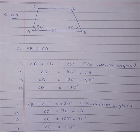 Trapezium ABCD, AB IS Parallel to CD. If angle A = 50°, angle B= 70 ...
