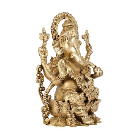 Buy Ganesha on a lotus base large brass idol 12 inches - Budhshiv.com
