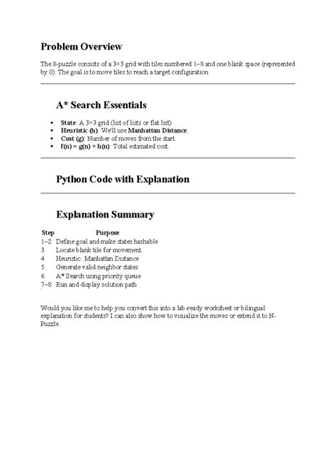8-Puzzle Solver Overview - AI Lab - Studocu