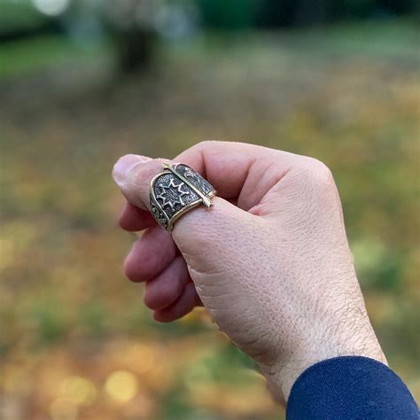 Alparslan Seljuk Falcon Pattern Starry Silver Mens Ring