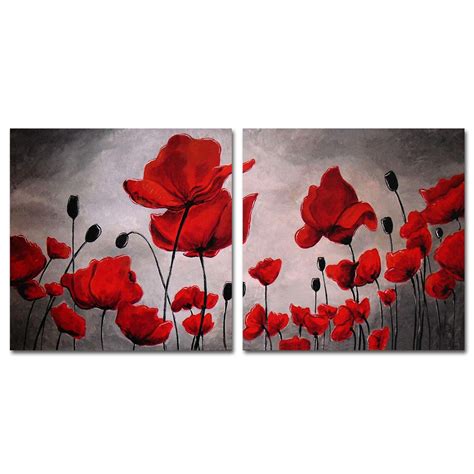 Purple Verbena Art Black/Red Poppy Flower Painting Canvas Prints Walls ...