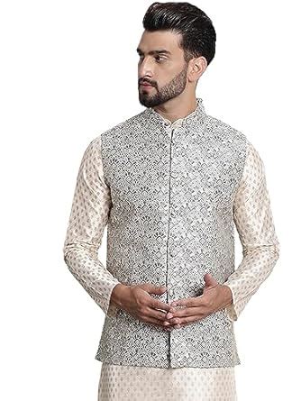 Buy SOJANYA (Since 1958 Men's Jacquard Silk, Grey Color Nehru Jacket at ...