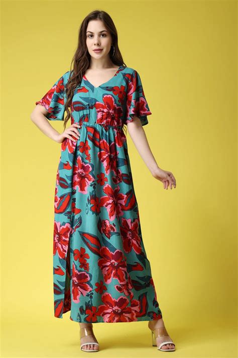 Floral Cape Sleeve Maxi Dress - A-line, V-Neck, Casual Occasion ...