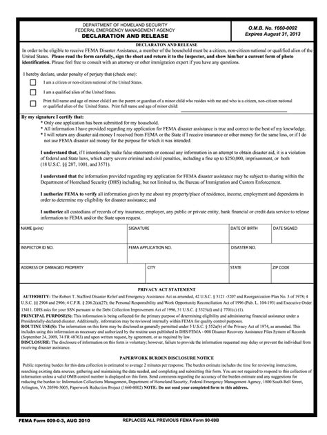 FEMA Declaration and Release Form - Blank Fillable Template | Fill Out ...