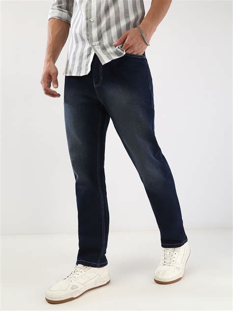 Men's Dark Blue Straight Fit Washed Jeans Stretchable – Urbano Fashion