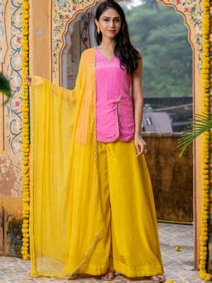 Buy HOUSE OF JAMOTI Butter Phin Pink Kurta with Palazzo and Dupatta (XS ...