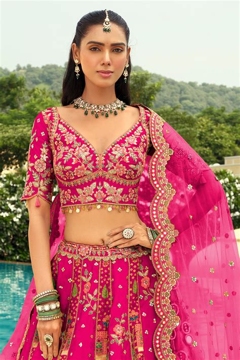 Shop for Hot Pink Readymade Embroidered Silk Lehenga Online | Saree ...