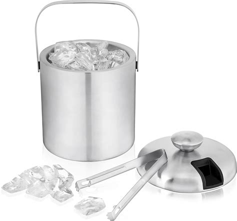 True Stainless Steel Ice Bucket with Tongs, Double Walled Insulated Bar ...