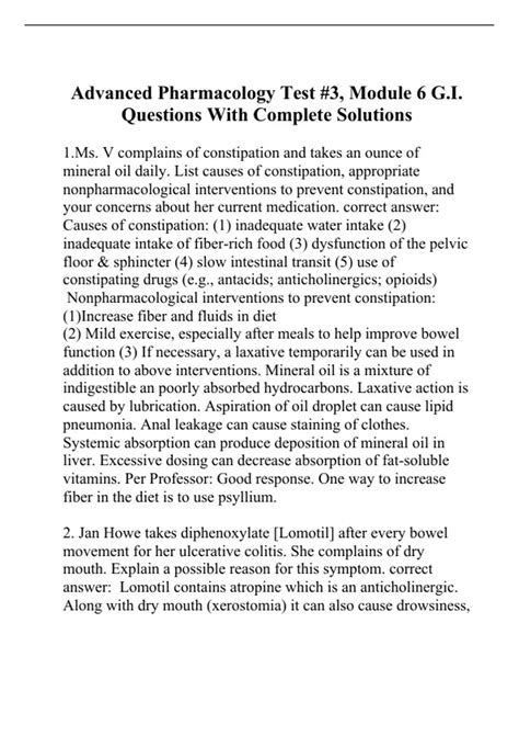 Advanced Pharmacology Test #3, Module 6 G.I. Questions With Complete Solutions - Advanced ...