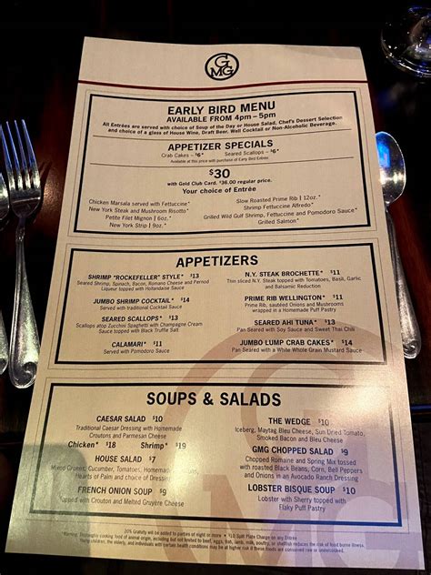 Menu at Gregory's Mesquite Grill steakhouse, Mesquite