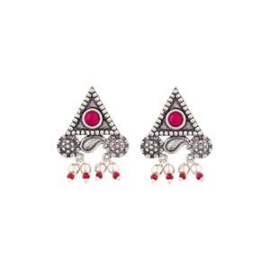 Voylla Oxidised Silver Brass Triangle Stud Statement Earrings with Pink ...