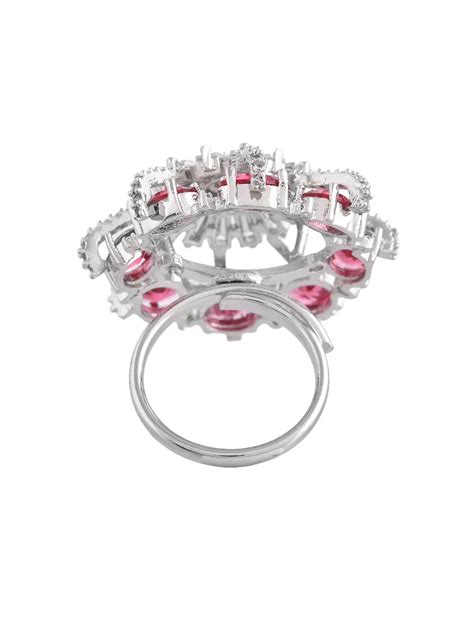 Pink American Diamond & Silver Plated Cocktail Ring for Women ...