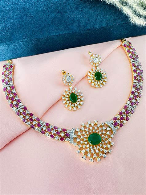 Statement Ruby & Emerald Traditional American Diamond Jewellery Set ...