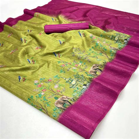 Art-Inspired Green Digital Print Saree in Soft Cotton Silk