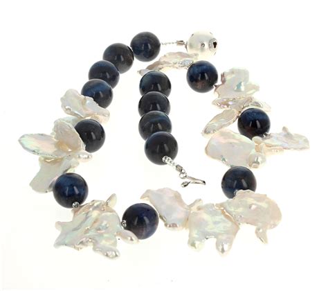 AJD Dramatic Real Natural Blue Tiger Eye and Real White Keshi Pearls ...