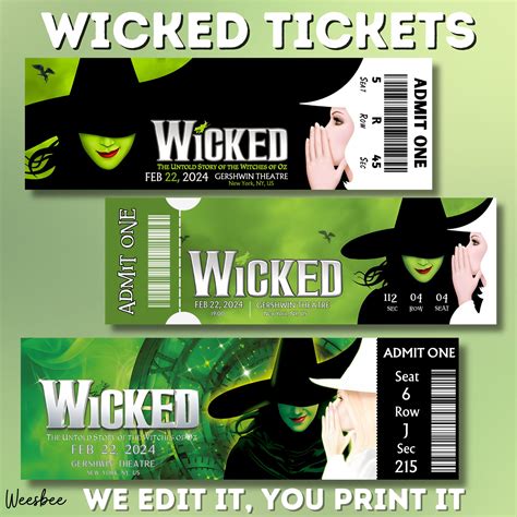 PERSONALIZED Wicked Theatre Ticket, Editable Template, WICKED Printable ...