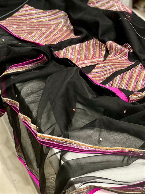 Black Organza Hand Embroidery Heavy Blouse Saree