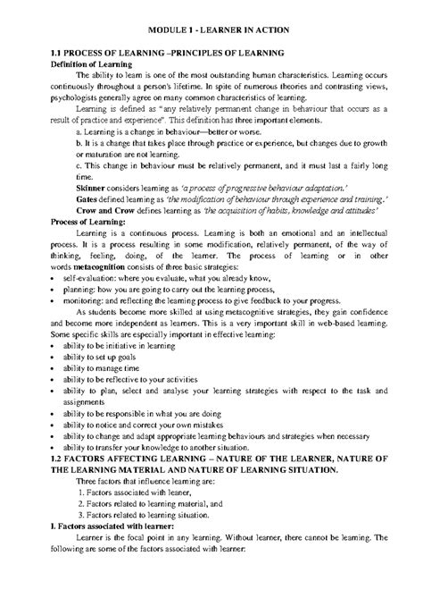 Psychology full notes combined - MODULE 1 - LEARNER IN ACTION 1 PROCESS ...