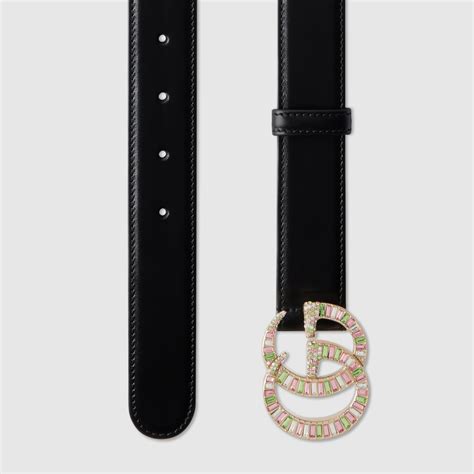 GG Marmont belt with crystal buckle in black leather | GUCCI® UK