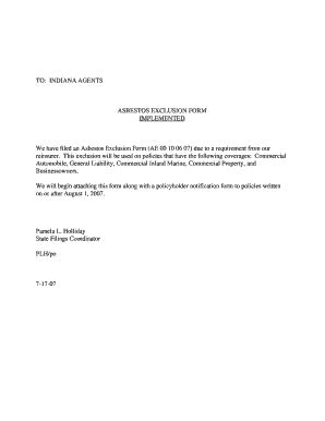 Fillable Online TO: INDIANA AGENTS ASBESTOS EXCLUSION FORM ... Fax ...