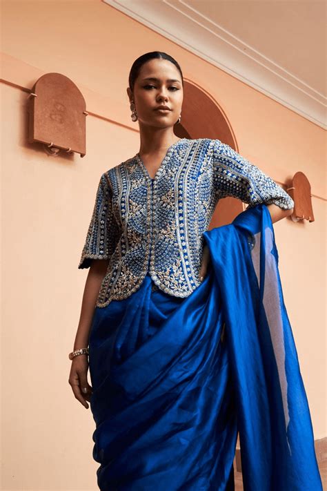 Jade Blue Saree with Embroidered Koti Blouse - Osaa by Adarsh