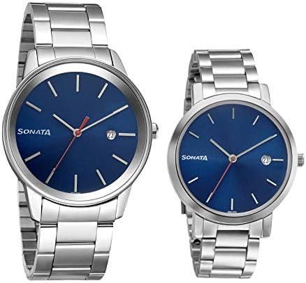 Sonata Quartz Analog Silver Dial Metal Strap Watch for Couple ...