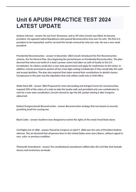 Unit 6 APUSH PRACTICE TEST 2024 LATEST UPDATE - APUSH - Stuvia US