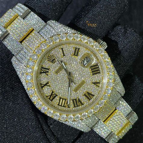Two Tone Fully Iced Out Diamond Watch Roman Numeral Dial with Custom G ...