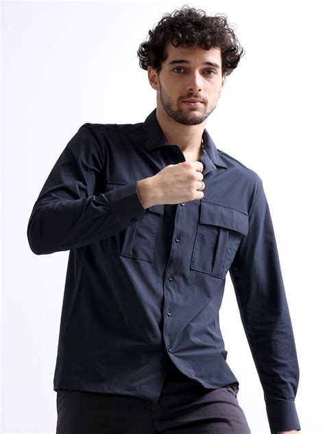 Shop Men's Cuban Collar Cargo Double Pocket Shirt Online | Navy