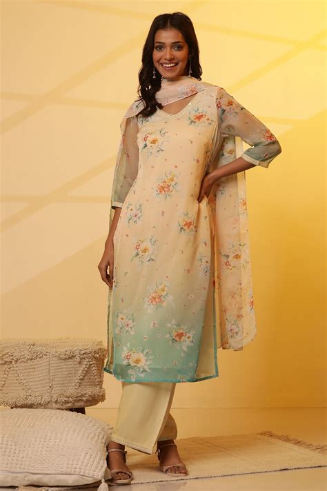 Buy Elleven Women's Cream and Teal Coloured Printed Kurta, Pants and ...