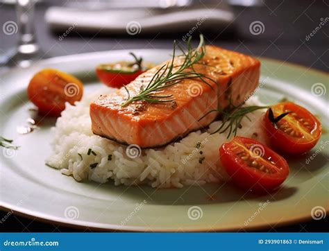 Close-up on salmon fillet with fruit salsa, over rice.