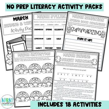 March Reading Writing and Grammar Activities - Print & Go Worksheets ...