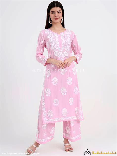 Baby Pink Tazmeen Modal Chikankari Kurti Palazzo Set