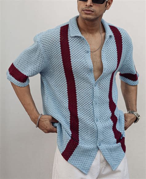 Sky Blue and Maroon Crochet Knit Striped Oversized Shirt – Powerlook