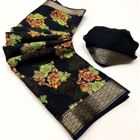 Black Floral Printed Cotton Silk Saree
