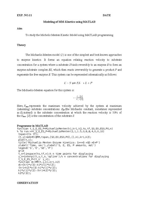 MM Kinetics - bioprocess matlab experiment - EXP. NO DATE Modeling of ...