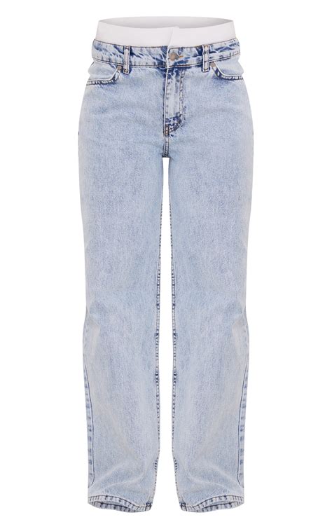 Blue Acid Wash Boxer Waistband Wide Leg Jeans | Denim | PLT UAE