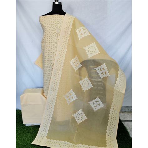 Cotton Applique work Yellow Suit with Organdy Dupatta-Indiehaat ...