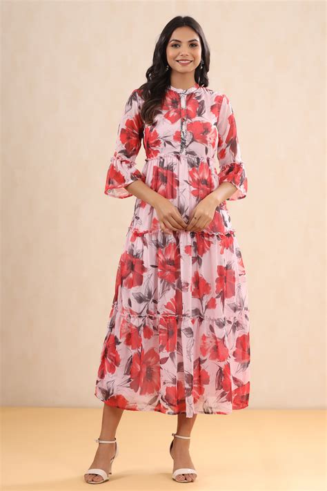 Pink Floral Chiffon Maxi Dress with Buttons & Beads - Elegant Design ...