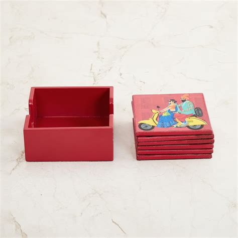 Buy Raisa Pop Street Wooden Coaster with Holder - Set of 6- 10 x 10 cm ...
