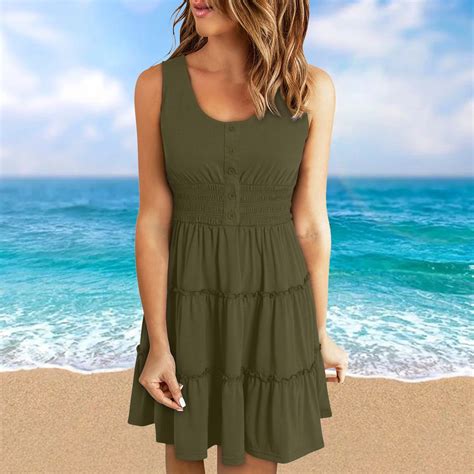 bnaln Sundress Women Button Up Smocked Elastic Waist Summer Dresses ...