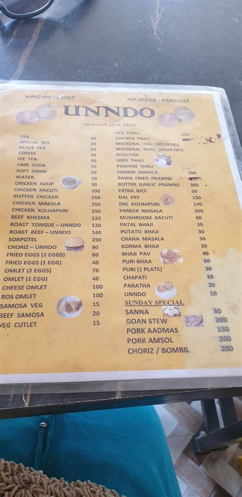 Menu at Unndo, Benaulim