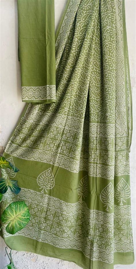 Bagru Hand-Block Saree Cotton -Green – Phulari