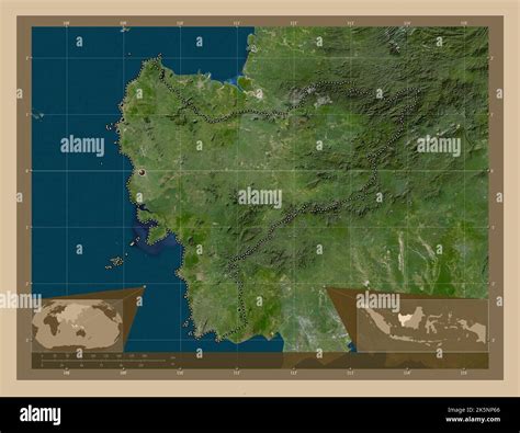 Kalimantan Barat, province of Indonesia. Low resolution satellite map. Locations of major cities ...