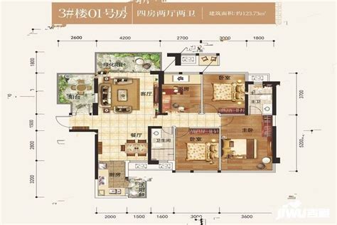 南宁盛天熙府3#01户型户型图_首付金额_4室2厅2卫_123.73平米 - 吉屋网