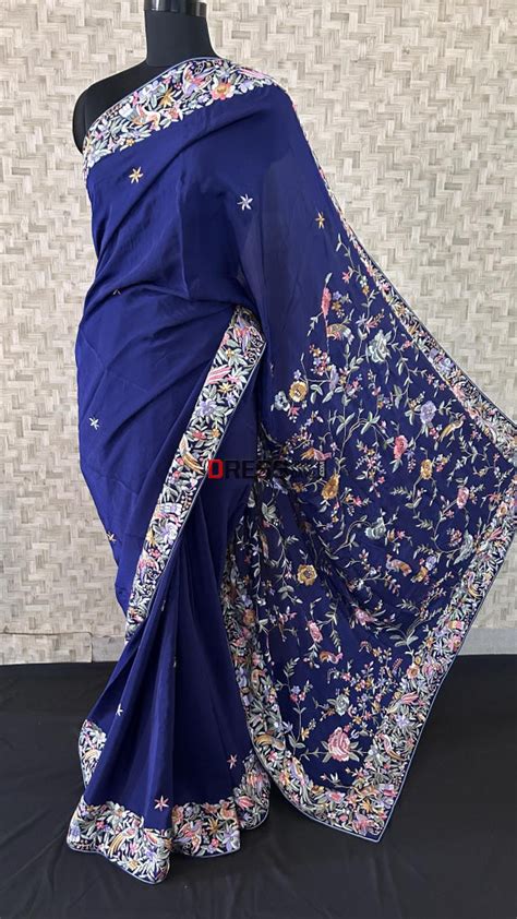 Pre Order Crepe Silk Navy Multicolour Parsi Gara Saree – Dress365days