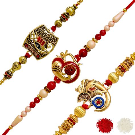Ganesha Bracelet Combo Set of 3 Rakhi with Roli Chawal & Gift Card ...