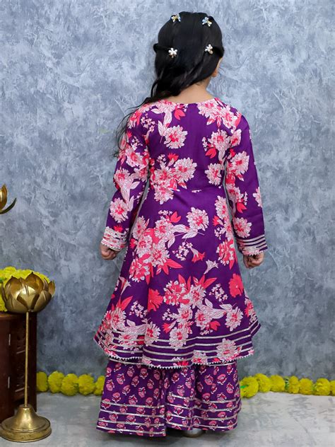 Girls Purple Floral Kurta Sharara Set | Traditional Festive Wear – UNBIND