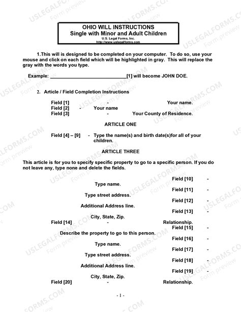 Ohio Last Will and Testament for Single Person with Adult and Minor ...