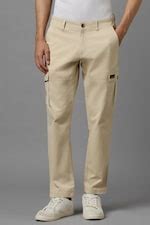 Buy Men Cream Contemporary Fit Solid Flat Front Casual Cargos Online ...